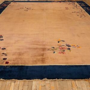 Antique Chinese Art Deco Carpet 19'3"×11'11" Tan Field, Navy Border, Camel Floral, 1920s - detail view 1