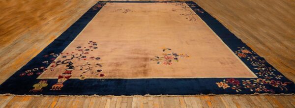 Antique chinese art deco carpet 19'3"×11'11" tan field, navy border, camel floral, 1920s - detail view 1