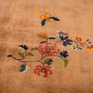 Antique Chinese Art Deco Carpet 19'3"×11'11" Tan Field, Navy Border, Camel Floral, 1920s - detail view 2