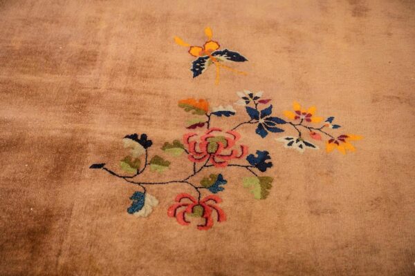 Antique chinese art deco carpet 19'3"×11'11" tan field, navy border, camel floral, 1920s - detail view 2