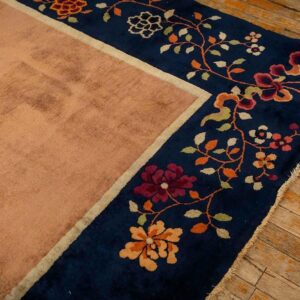 Antique Chinese Art Deco Carpet 19'3"×11'11" Tan Field, Navy Border, Camel Floral, 1920s - detail view 3