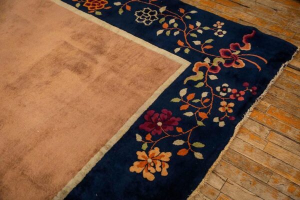 Antique chinese art deco carpet 19'3"×11'11" tan field, navy border, camel floral, 1920s - detail view 3