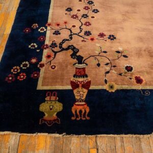 Antique Chinese Art Deco Carpet 19'3"×11'11" Tan Field, Navy Border, Camel Floral, 1920s - detail view 4