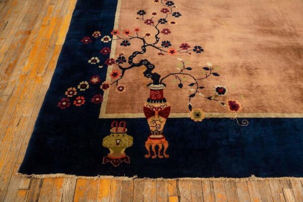 Antique chinese art deco carpet 19'3"×11'11" tan field, navy border, camel floral, 1920s - detail view 4