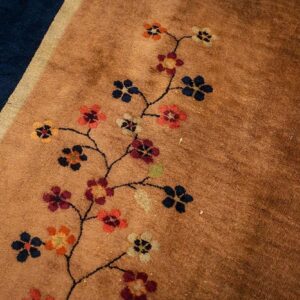 Antique Chinese Art Deco Carpet 19'3"×11'11" Tan Field, Navy Border, Camel Floral, 1920s - detail view 5
