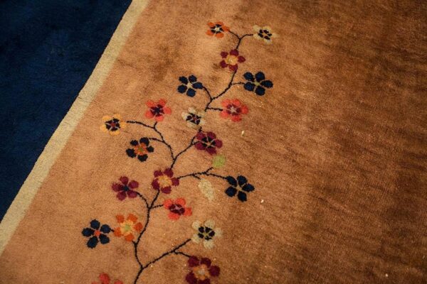 Antique chinese art deco carpet 19'3"×11'11" tan field, navy border, camel floral, 1920s - detail view 5