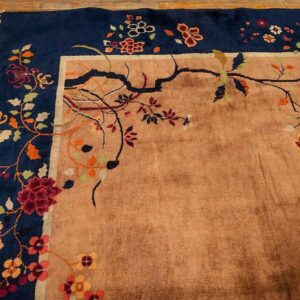 Antique Chinese Art Deco Carpet 19'3"×11'11" Tan Field, Navy Border, Camel Floral, 1920s - detail view 6
