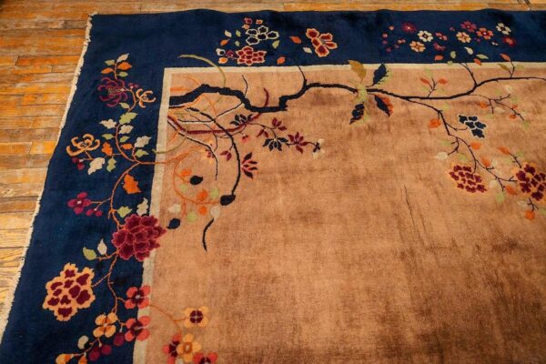 Antique chinese art deco carpet 19'3"×11'11" tan field, navy border, camel floral, 1920s - detail view 6