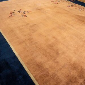 Antique Chinese Art Deco Carpet 19'3"×11'11" Tan Field, Navy Border, Camel Floral, 1920s - detail view 7