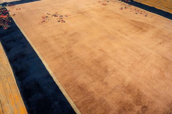 Antique chinese art deco carpet 19'3"×11'11" tan field, navy border, camel floral, 1920s - detail view 7