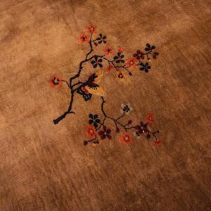 Antique Chinese Art Deco Carpet 19'3"×11'11" Tan Field, Navy Border, Camel Floral, 1920s - detail view 8