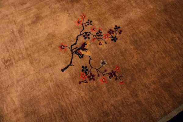 Antique chinese art deco carpet 19'3"×11'11" tan field, navy border, camel floral, 1920s - detail view 8