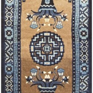 Antique Chinese Art Deco Mat 4'7"×2'7" Brown Field, Blue Border, Vase Medallion, 1920s