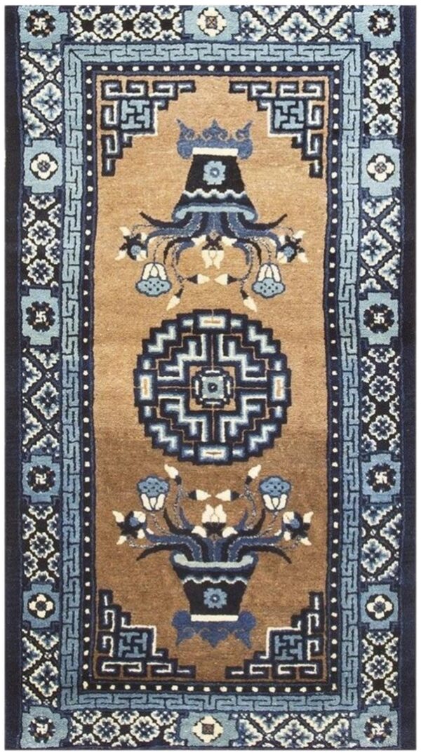 Antique chinese art deco mat 4'7"×2'7" brown field, blue border, vase medallion, 1920s