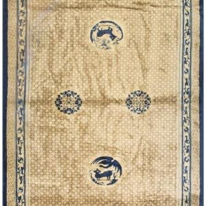 Antique Chinese Gallery Carpet 8'8"×18' Beige Field, Animal Geometric Design, 1920s