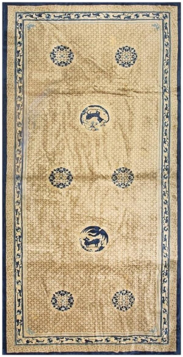 Antique chinese gallery carpet 8'8"×18' beige field, animal geometric design, 1920s