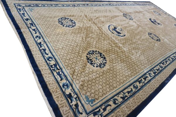 Antique chinese gallery carpet 8'8"×18' beige field, animal geometric design, 1920s - detail view 2