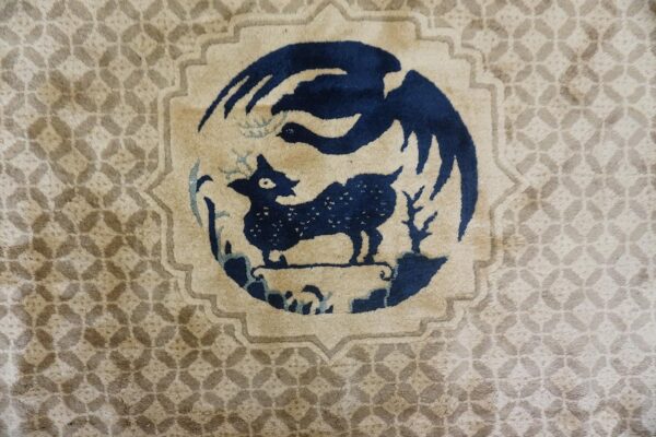 Antique chinese gallery carpet 8'8"×18' beige field, animal geometric design, 1920s - detail view 3