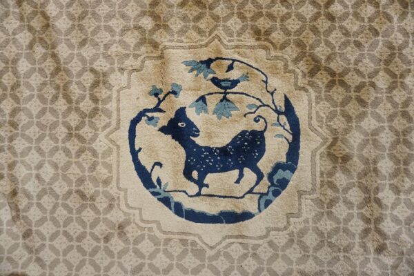 Antique chinese gallery carpet 8'8"×18' beige field, animal geometric design, 1920s - detail view 7