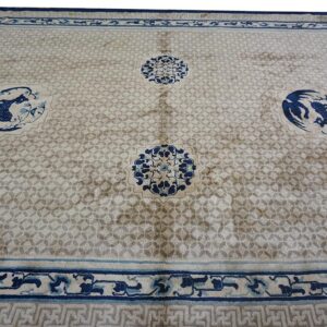 Antique Chinese Gallery Carpet 8'8"×18' Beige Field, Animal Geometric Design, 1920s - detail view 8