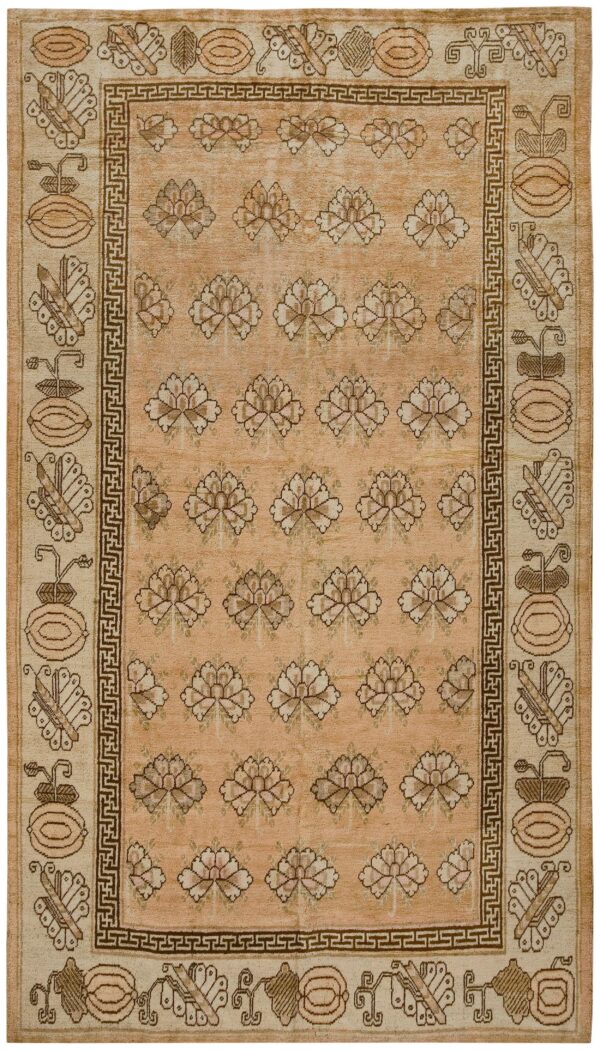 Antique chinese khotan-style rug, beige background, hand-knotted wool 1 Antique chinese khotan-style rug, beige background, hand-knotted wool