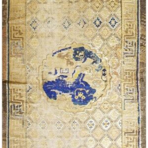 Antique Chinese Ningxia Rug 3'8"×6'8" Camel/Yellow Ground, Geometric Foo Dog Design, 1880s