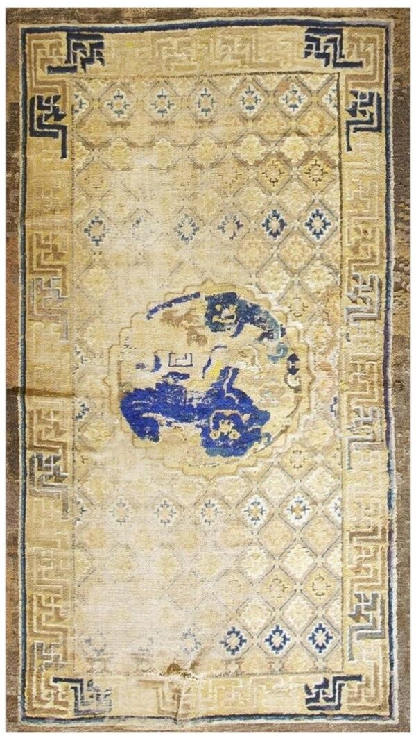 Antique chinese ningxia rug 3'8"×6'8" camel/yellow ground, geometric foo dog design, 1880s