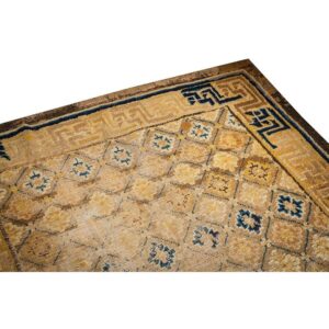 Antique Chinese Ningxia Rug 3'8"×6'8" Camel/Yellow Ground, Geometric Foo Dog Design, 1880s - detail view 8