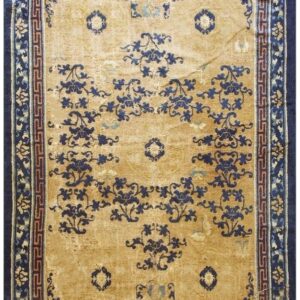 Antique Chinese Ningxia Rug 5'10"×10' Ivory Field, Beige Medallion with Greek Key, 1880s