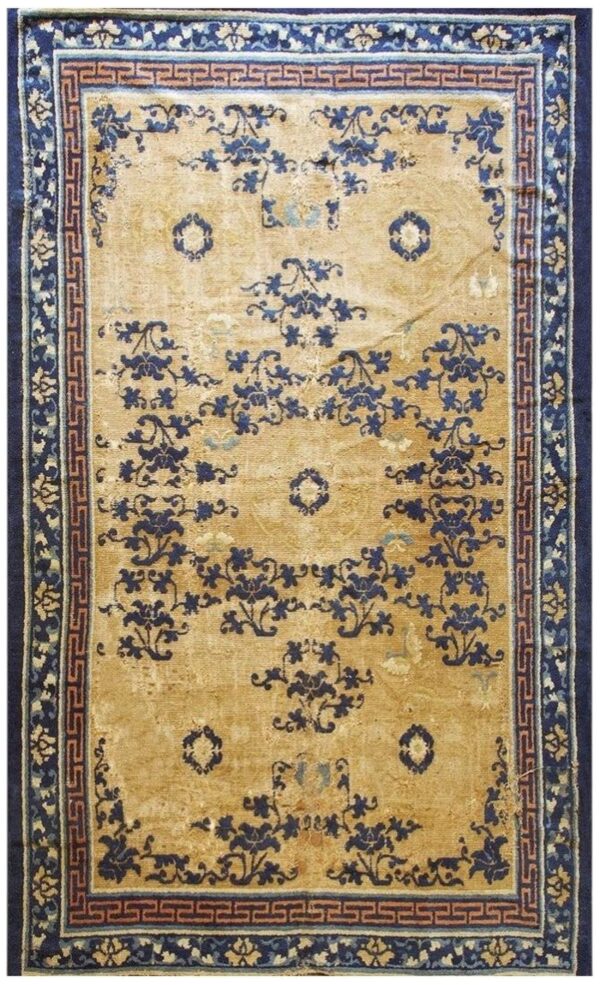 Antique chinese ningxia rug 5'10"×10' ivory field, beige medallion with greek key, 1880s