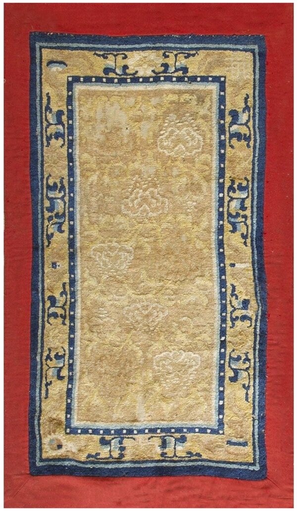 Antique chinese ningxia rug 2'2"×4'3" ivory field, red border, geometric design, 1880s