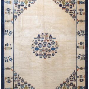 Antique Chinese Peking Carpet 7'5"×9'11" Beige Field, Vase Medallion, 1920s
