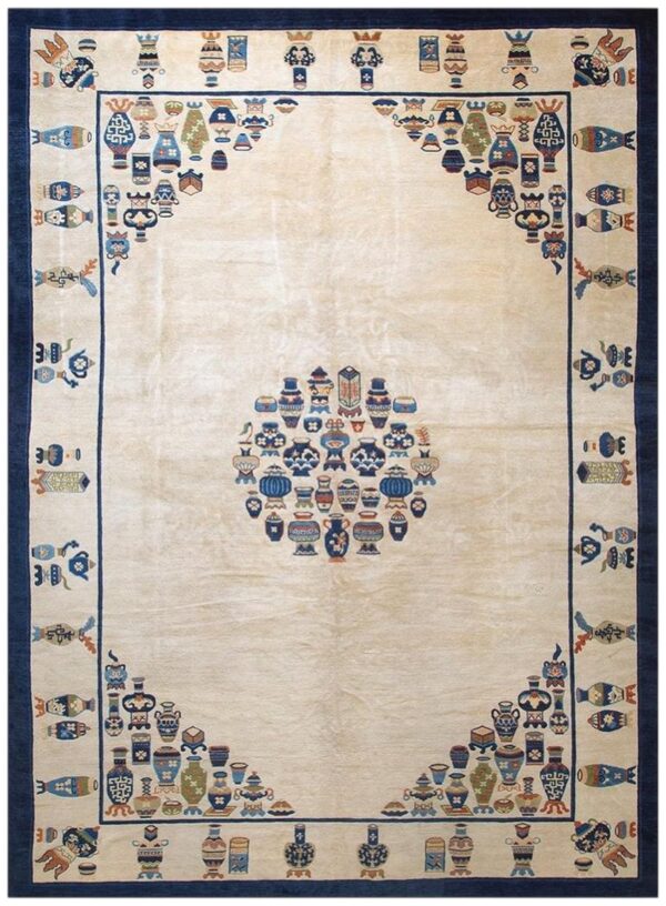 Antique chinese peking carpet 7'5"×9'11" beige field, vase medallion, 1920s