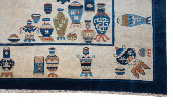 Antique chinese peking carpet 7'5"×9'11" beige field, vase medallion, 1920s - detail view 10