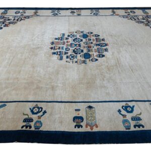 Antique Chinese Peking Carpet 7'5"×9'11" Beige Field, Vase Medallion, 1920s - detail view 1