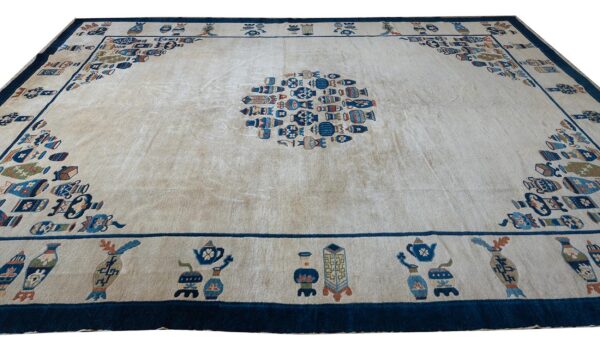 Antique chinese peking carpet 7'5"×9'11" beige field, vase medallion, 1920s - detail view 1