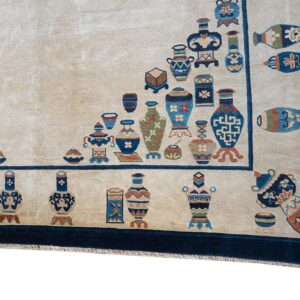 Antique Chinese Peking Carpet 7'5"×9'11" Beige Field, Vase Medallion, 1920s - detail view 3