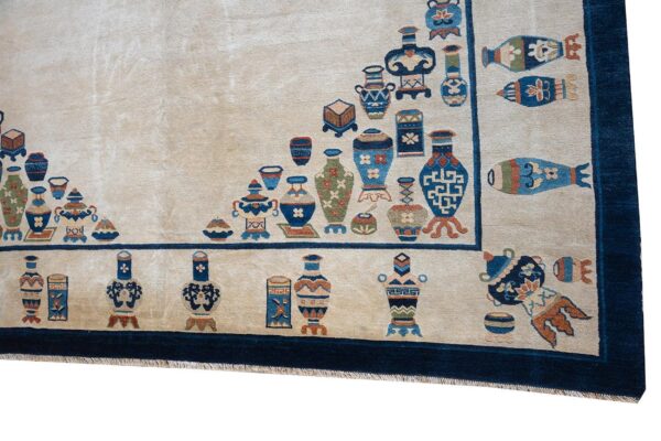 Antique chinese peking carpet 7'5"×9'11" beige field, vase medallion, 1920s - detail view 3