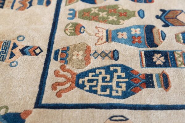 Antique chinese peking carpet 7'5"×9'11" beige field, vase medallion, 1920s - detail view 4