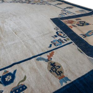 Antique Chinese Peking Carpet 7'5"×9'11" Beige Field, Vase Medallion, 1920s - detail view 5