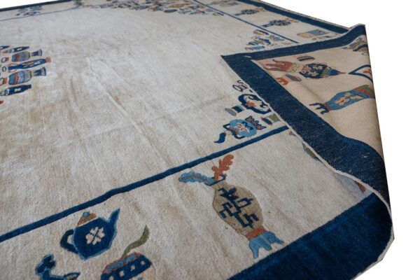 Antique chinese peking carpet 7'5"×9'11" beige field, vase medallion, 1920s - detail view 5