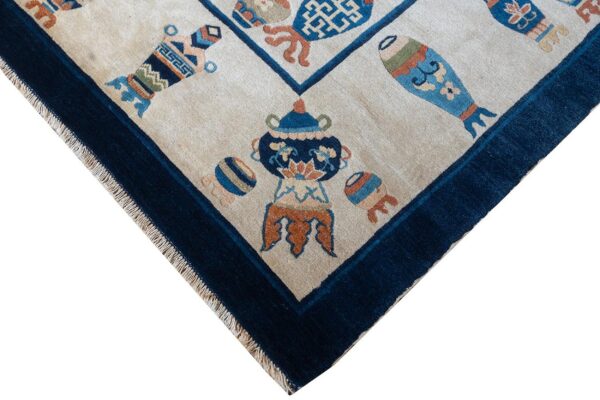 Antique chinese peking carpet 7'5"×9'11" beige field, vase medallion, 1920s - detail view 6
