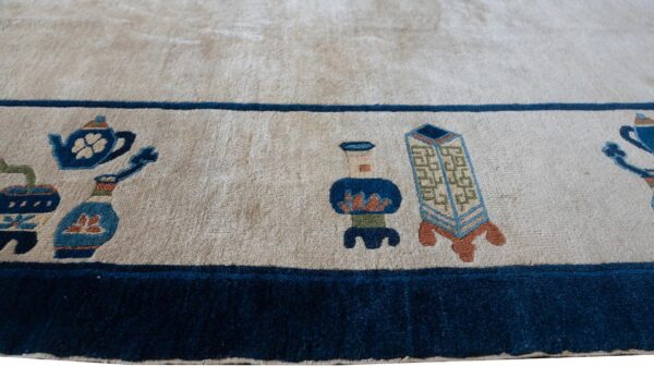 Antique chinese peking carpet 7'5"×9'11" beige field, vase medallion, 1920s - detail view 8