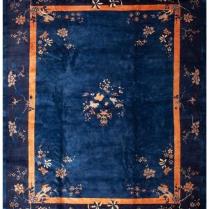 Antique Chinese Peking Carpet 8'2"×9'10" Blue Open Field, Floral Bird Design, 1920s