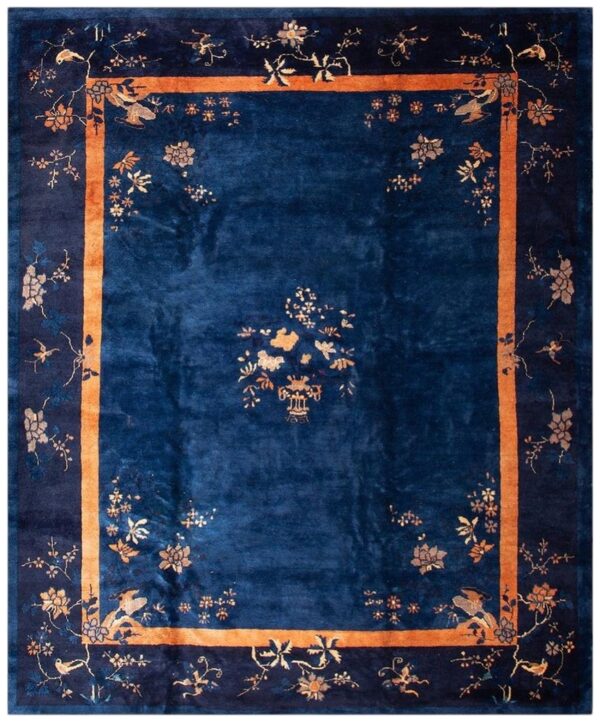 Antique chinese peking carpet 8'2"×9'10" blue open field, floral bird design, 1920s