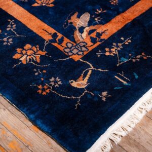 Antique Chinese Peking Carpet 8'2"×9'10" Blue Open Field, Floral Bird Design, 1920s - detail view 9