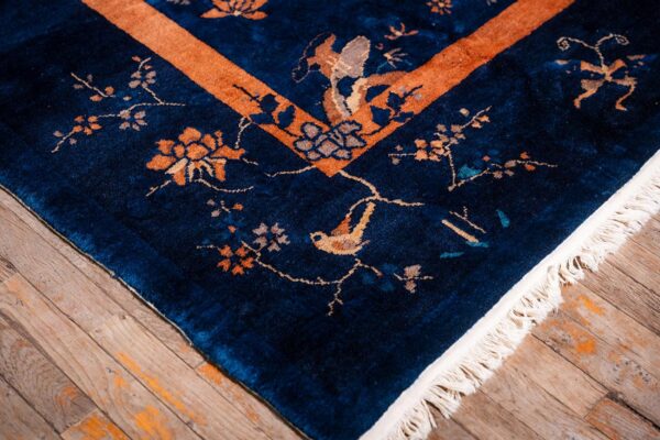 Antique chinese peking carpet 8'2"×9'10" blue open field, floral bird design, 1920s - detail view 9