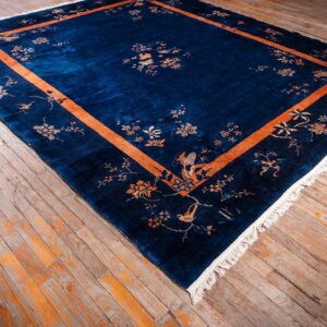 Antique Chinese Peking Carpet 8'2"×9'10" Blue Open Field, Floral Bird Design, 1920s - detail view 1