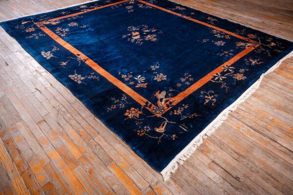 Antique chinese peking carpet 8'2"×9'10" blue open field, floral bird design, 1920s - detail view 1