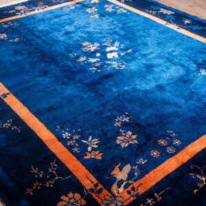 Antique Chinese Peking Carpet 8'2"×9'10" Blue Open Field, Floral Bird Design, 1920s - detail view 2